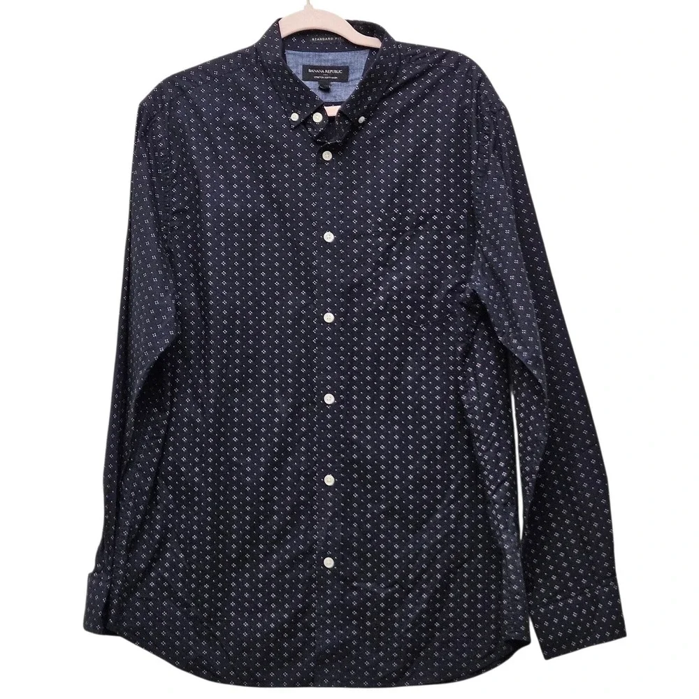 Banana Republic Standard Fit Button Down Shirt Men's L Navy Geometric‎ Stretch